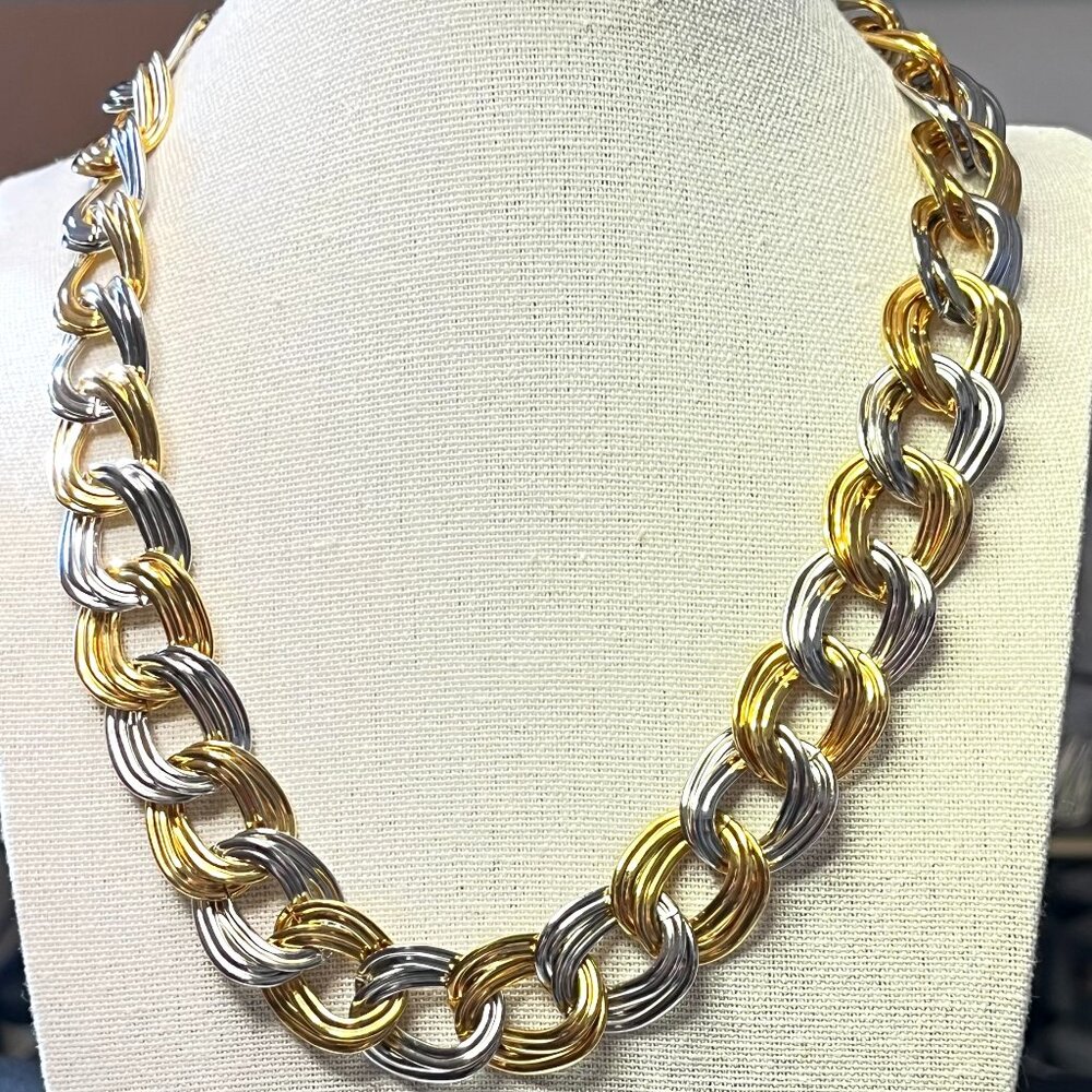 Vintage Two-Tone Chunky Curb Link Choker Necklace 18" Gold Silver Statement